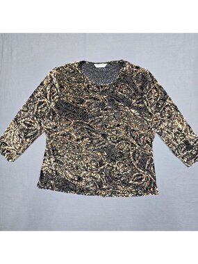Allison Daley Petite M Top Black Gold Floral Velvet Burnout Whimsigoth 3/4 Sleev